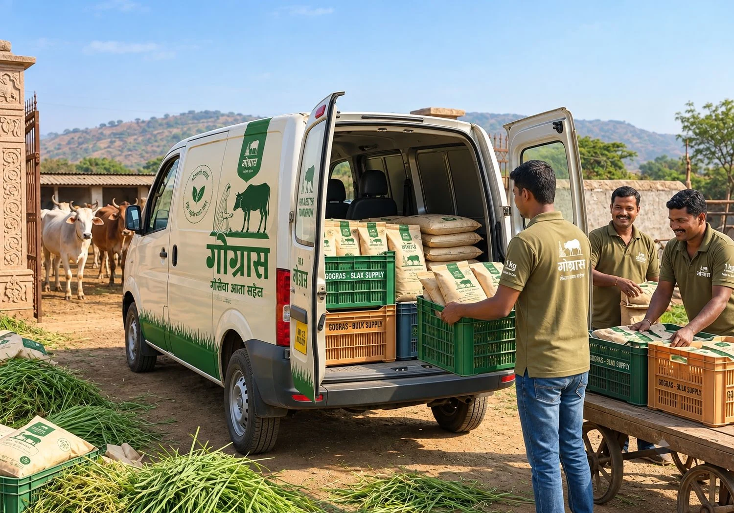 A Gaumitra delivery van at a Gaushala gate, with the team unloading crates of 1 kg fodder packs while cows wait in the yard
