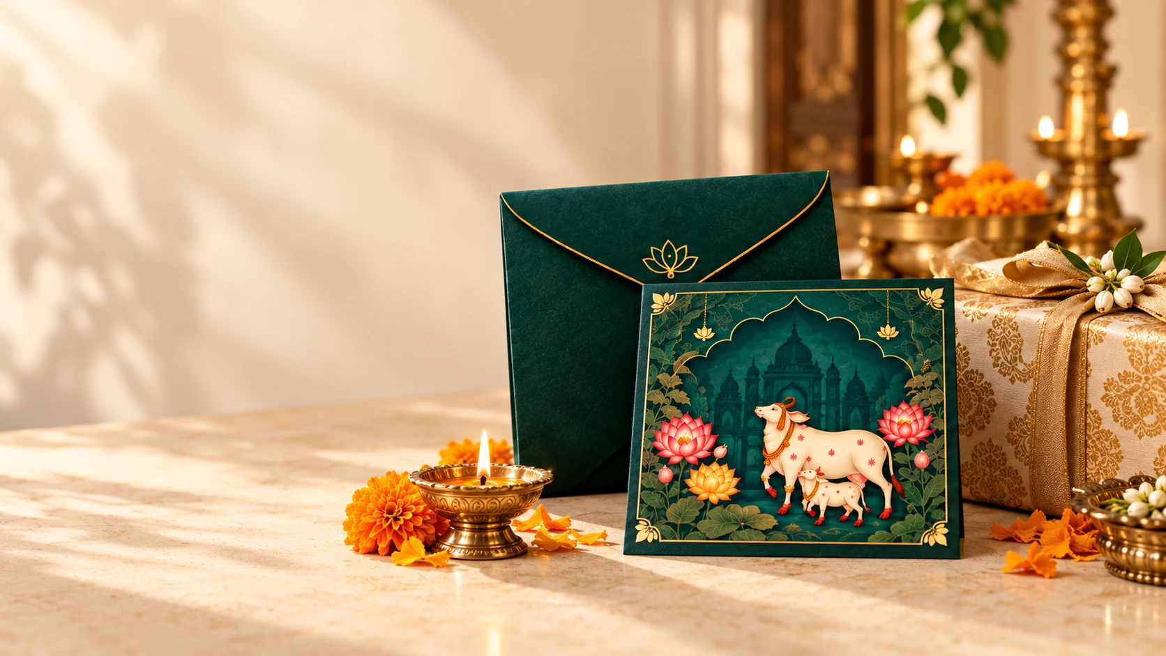 A GoSeva card and envelope beside a festive Diwali hamper