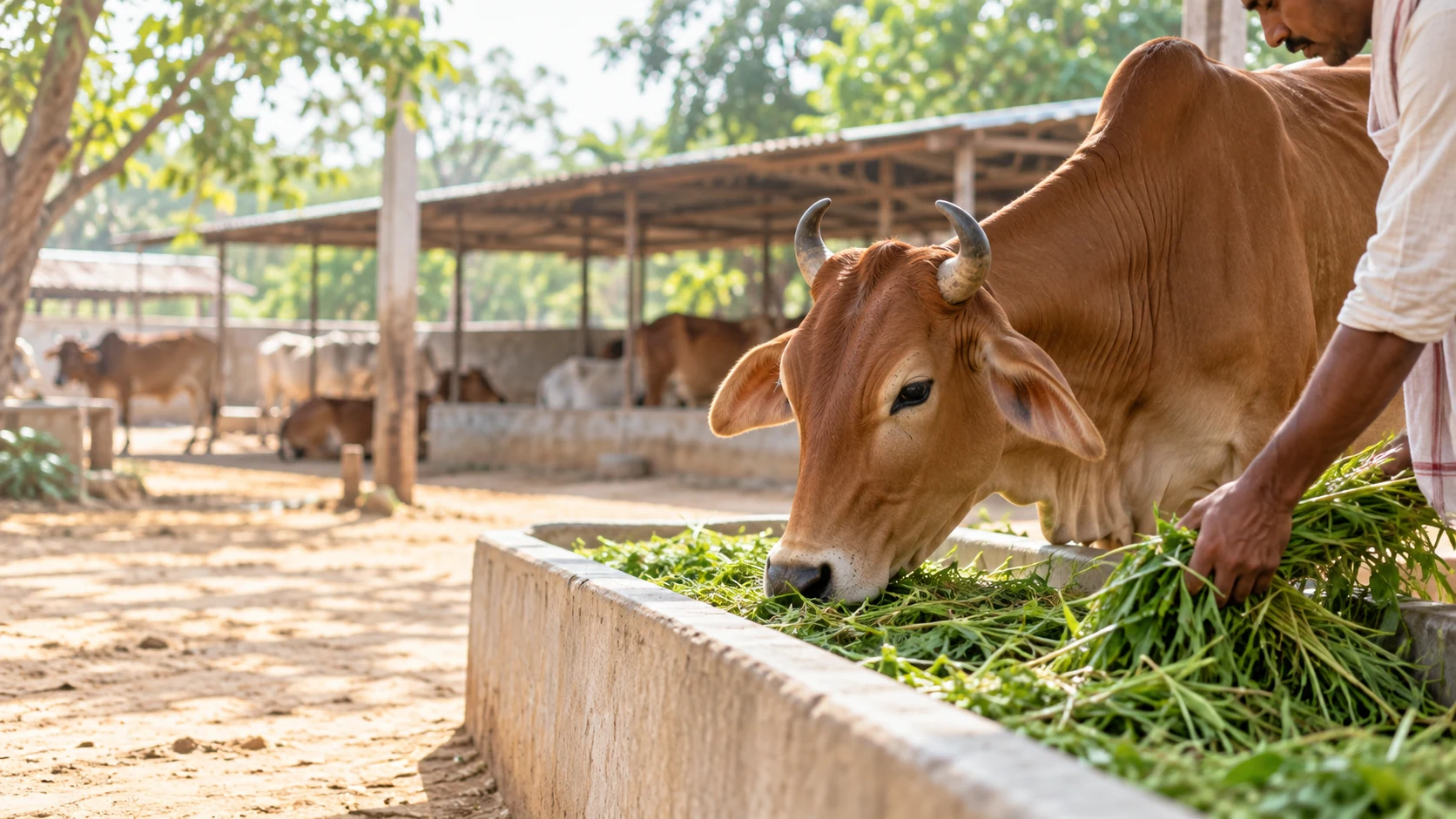 Illustrative Gau Mata and calf beside fresh fodder